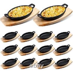 12 Sets Cast Iron Skillet with Wooden Base Mini Cast Iron Fajita Plates Oval