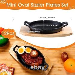 12 Sets Cast Iron Skillet with Wooden Base Mini Cast Iron Fajita Plates Oval