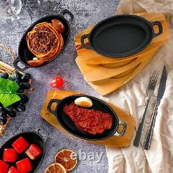 12 Sets Cast Iron Skillet with Wooden Base Mini Cast Iron Fajita Plates Oval