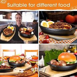 12 Sets Cast Iron Skillet with Wooden Base Mini Cast Iron Fajita Plates Oval