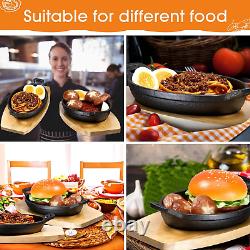 12 Sets Cast Iron Skillet with Wooden Base Mini Cast Iron Fajita Plates Oval Dis