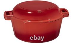 2 in 1 Enameled Cast Iron Double Dutch Oven & Skillet Lid, 5-Quart, Fire Red I