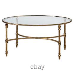 40 W Oval Coffee Table Gold Leaf Forged Iron Clear Tempered Glass Top