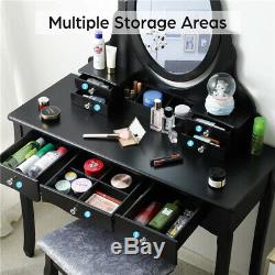 7 Drawers Dressing Table Vanity Set 360° Rotating Oval Mirror With Cushioned Bench