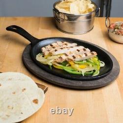 9 x 7 Oval Cast Iron Fajita Skillet with Handle & Wooden Base (6 Skillets)