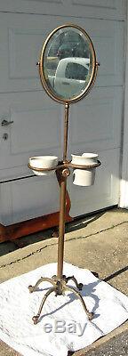 Antique 1800's Shaving Stand with Adjustable Bevel oval Mirror Cast Iron Base Cups