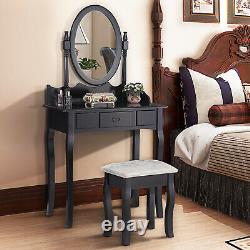 Brand New Dressing Table Makeup Desk with Stool and Round Mirror Bedroom Black