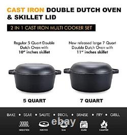 Bruntmor 2-in-1 7 Quart Enamel Cast Iron Dutch Oven With Handles Crock Pot Bl