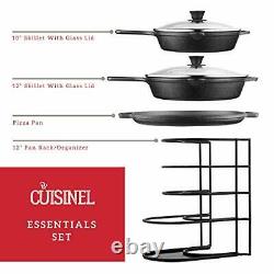 Cast Iron Cookware 6-Pc Set 10+12 Skillet + Glass Lids + Pizza Pan + Pan
