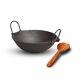Cast Iron Kadai & Neem Wood Stir Oval Cookware Set, 2 Pieces, Black, Brown