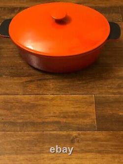 Cast Iron Oval Dutch Oven 5qt. Orange Enamel Black Lid Made In France #20538