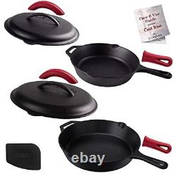 Cast Iron Skillet Set with Lids 10+12-inch Pre-Seasoned Covered Frying Pan S
