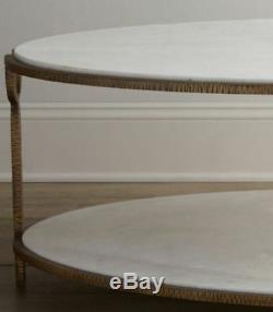 Hammered Gold Iron Marble Classic Oval Coffee Table Shelves Stone White Luxe