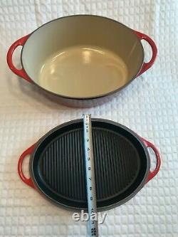 LE CREUSET ENAMELED CAST IRON OVAL CERISE FLAME DUTCH OVEN with GRILL LID #32
