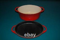 LE CREUSET ENAMELED CAST IRON OVAL RED/ORANGE DUTCH OVEN With REVERSIBLE GRILL LID