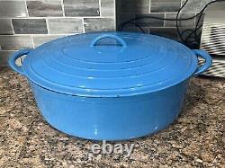 Large Blue # 36 Vintage Cast Iron Enamel Oval Dutch Oven Made in Belgium 17