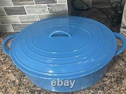 Large Blue # 36 Vintage Cast Iron Enamel Oval Dutch Oven Made in Belgium 17