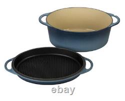 Le Creuset Cast Iron 28cm Oval Casserole with Grill Lid-Marine (New)