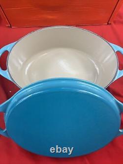 Le Creuset Cast Iron Dutch Oven CARIBBEAN BLUE # 28 Oval Grill Lid 4.5Qt New