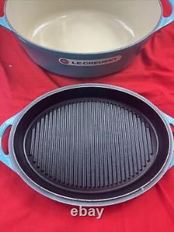 Le Creuset Cast Iron Dutch Oven CARIBBEAN BLUE # 28 Oval Grill Lid 4.5Qt New