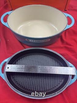 Le Creuset Cast Iron Dutch Oven CARIBBEAN BLUE # 28 Oval Grill Lid 4.5Qt New