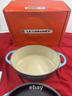 Le Creuset Cast Iron Dutch Oven CARIBBEAN BLUE # 28 Oval Grill Lid 4.5Qt New