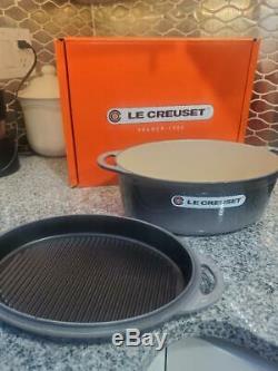 Le Creuset Cast Iron Oval 4.75 Qt Oven with Reversible Grill Pan Lid, Oyster NEW