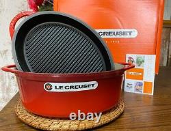Le Creuset Cerise Red 4.75-qt Cast-Iron Oval Oven with Grill Pan Lid New Dutch