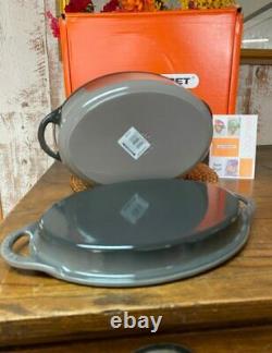 Le Creuset Flint Oyster Grey 4.75-qt Cast-Iron Oval Oven with Grill Pan Lid New