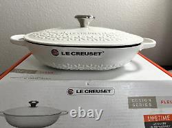 Le Creuset OBLONG CAST IRON DESIGN FLEUR Casserole 3.75 Qt COTTON WHITE (NIB)