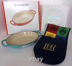 LeCreuset SIGNATURE Cast Iron OVAL BAKER 1qt TURQUOISE & HARRY POTTER Oven Mitts