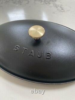 Like New Staub Vintage Fish Plate Oval 31cm Black Brass Gold Knob