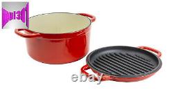 Lodge 7 Quart Red Enameled Cast Iron Double Dutch Oven With Grill Lid