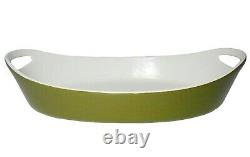 MICHAEL LAX COPCO DENMARK VINT OLIVE/WHITE ENAMEL OVAL CASSEROLE DISH, WithHANDLES