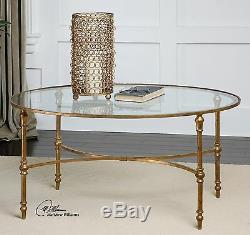 MID Century Modern 40 Aged Gold Leaf Iron Glass Top Oval Cocktail Coffee Table
