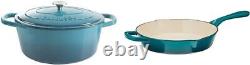 Oval Enameled Cast Iron Dutch Oven (7-Quart) Skillet (10 Inch) Bundle, Teal Ombre