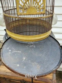 RARE Metal & Cast Iron Bird Cage Patented Juneteenth 1934 w2 Glass Bowls & Stand
