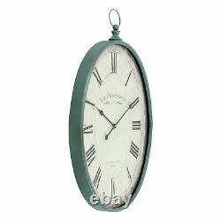 Retro Rustic Oval Metal Wall Clock Large Antique Style Distressed Teal Finish