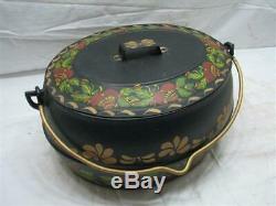 Tole Painted Marietta Co PA 3 Gal Cast Iron Gypsy Kettle Bean Oval Pot Tin Lid