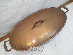 Vintage Large Oval Copper Chaffing Dish Hammered Finish Wrought Iron Base Grison